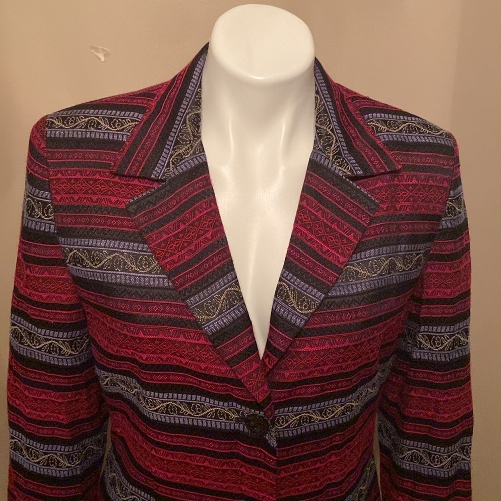 Clio 2 Suit Red And Gray Floral Striped Patterned Coat Jacket Fall Career - Picture 2 of 7